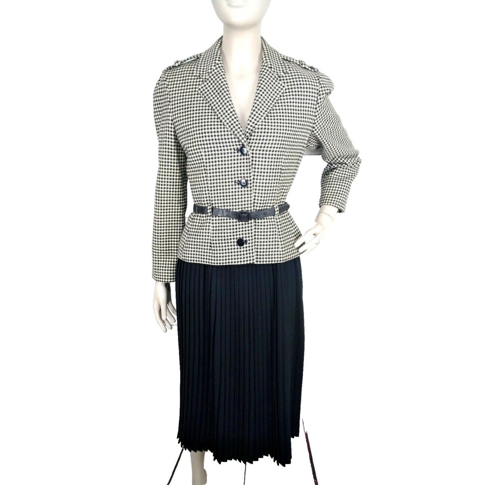Vintage 70's Does 40s Houndstooth Pleated Midi Skirt & Blazer Suit Deadstock